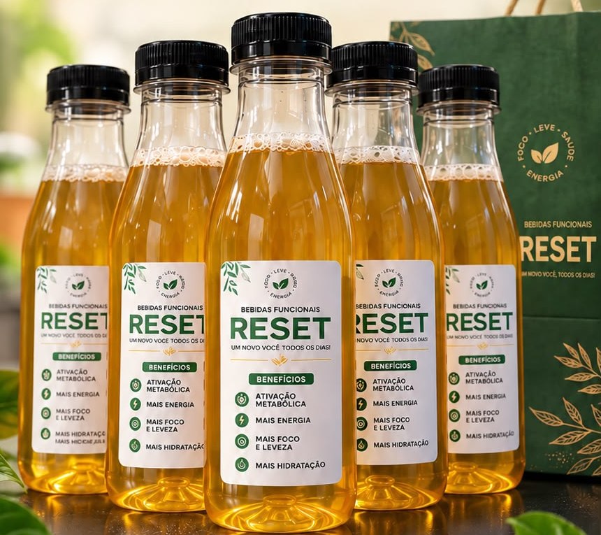 Kit Reset: cinco garrafas da bebida funcional ao lado da sacola verde da Protein House